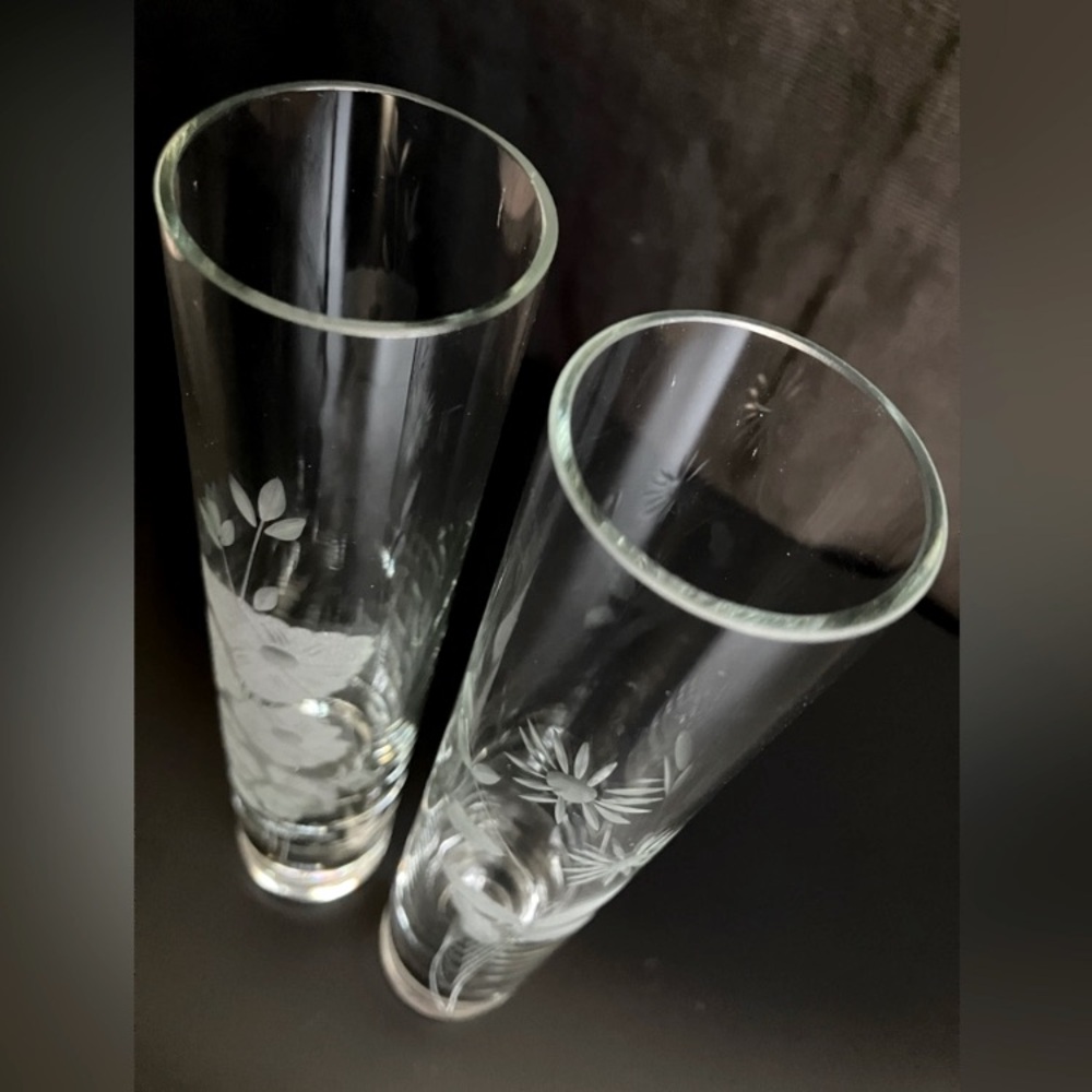 Beautiful Glass-Cut Floral Design Tube Vase Set of 2